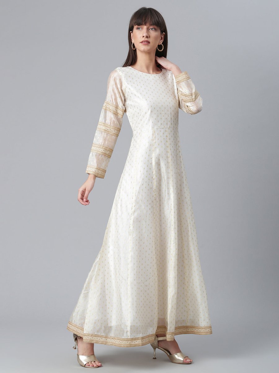 Ahalyaa Women Cream-Coloured & Golden Printed Anarkali Kurta with Dupatta