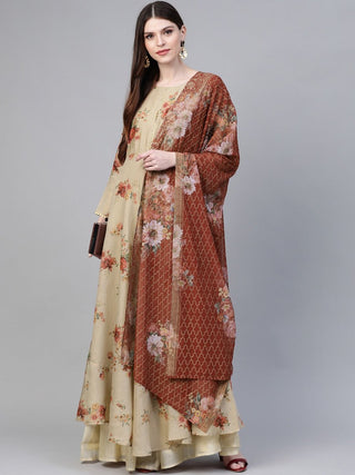 Ahalyaa Women Beige & Red Floral Printed Anarkali Kurta With Dupatta