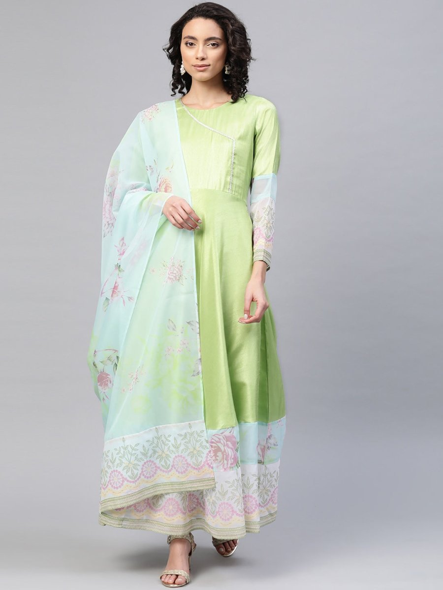 Ahalyaa Women Beautiful Lime Green & Blue Solid Angrakha Kurta With Screen Printed Dupatta
