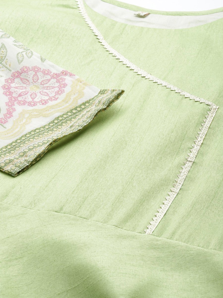 Ahalyaa Women Beautiful Lime Green & Blue Solid Angrakha Kurta With Screen Printed Dupatta