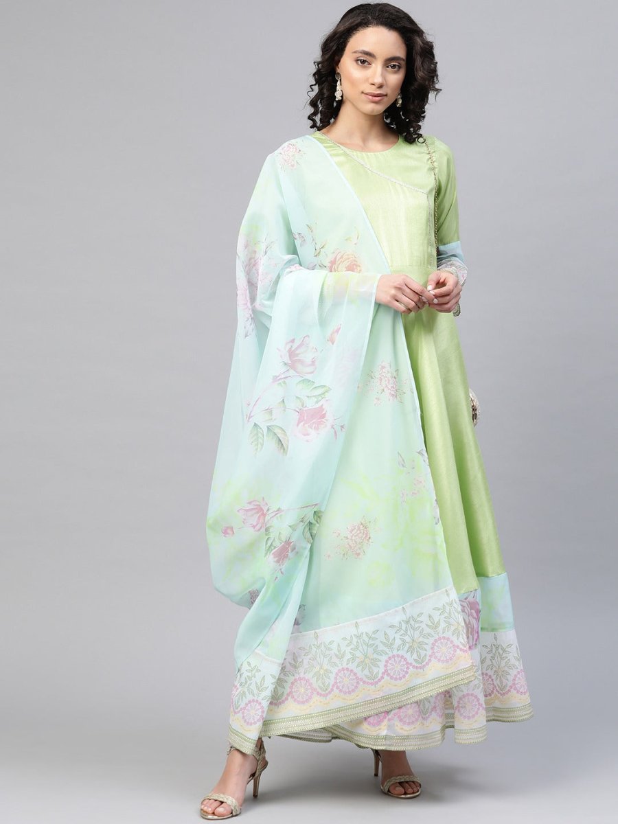 Ahalyaa Women Beautiful Lime Green & Blue Solid Angrakha Kurta With Screen Printed Dupatta