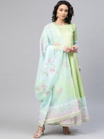 Thumbnail for Ahalyaa Women Beautiful Lime Green & Blue Solid Angrakha Kurta With Screen Printed Dupatta
