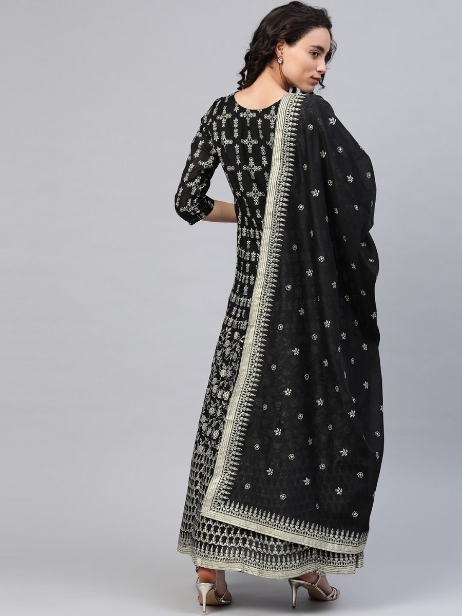 Ahalyaa Women Black & Golden Foil Ethnic Moti Printed Floral Kurta With Dupatta