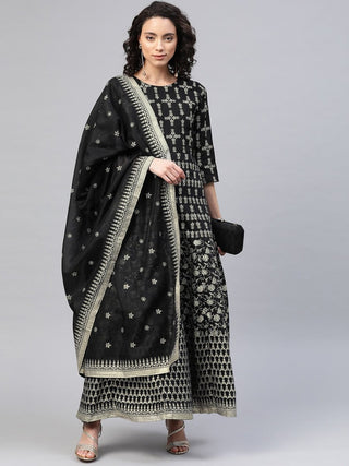 Ahalyaa Women Black & Golden Foil Ethnic Moti Printed Floral Kurta With Dupatta