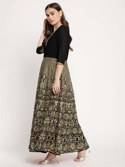 Ahalyaa Women's Black Georgette Gold Foil Print Flared Kurta with Dupatta - Distacart