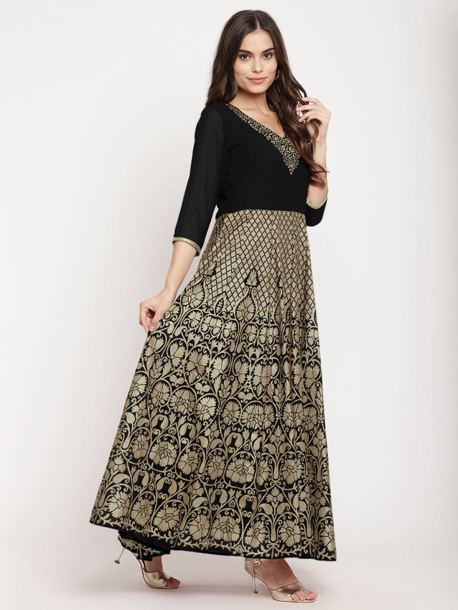 Ahalyaa Women's Black Georgette Gold Foil Print Flared Kurta with Dupatta - Distacart
