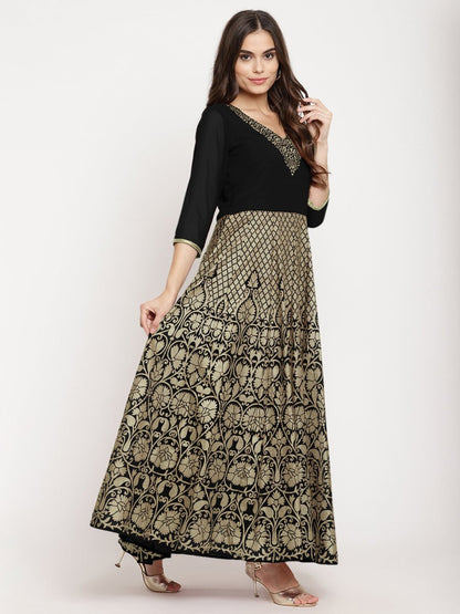 Ahalyaa Women's Black Georgette Gold Foil Print Flared Kurta with Dupatta - Distacart