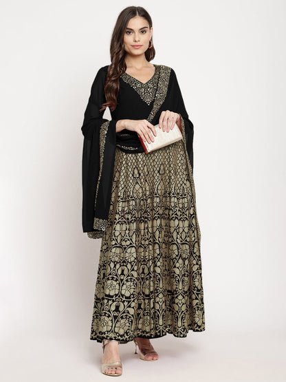 Ahalyaa Women's Black Georgette Gold Foil Print Flared Kurta with Dupatta - Distacart