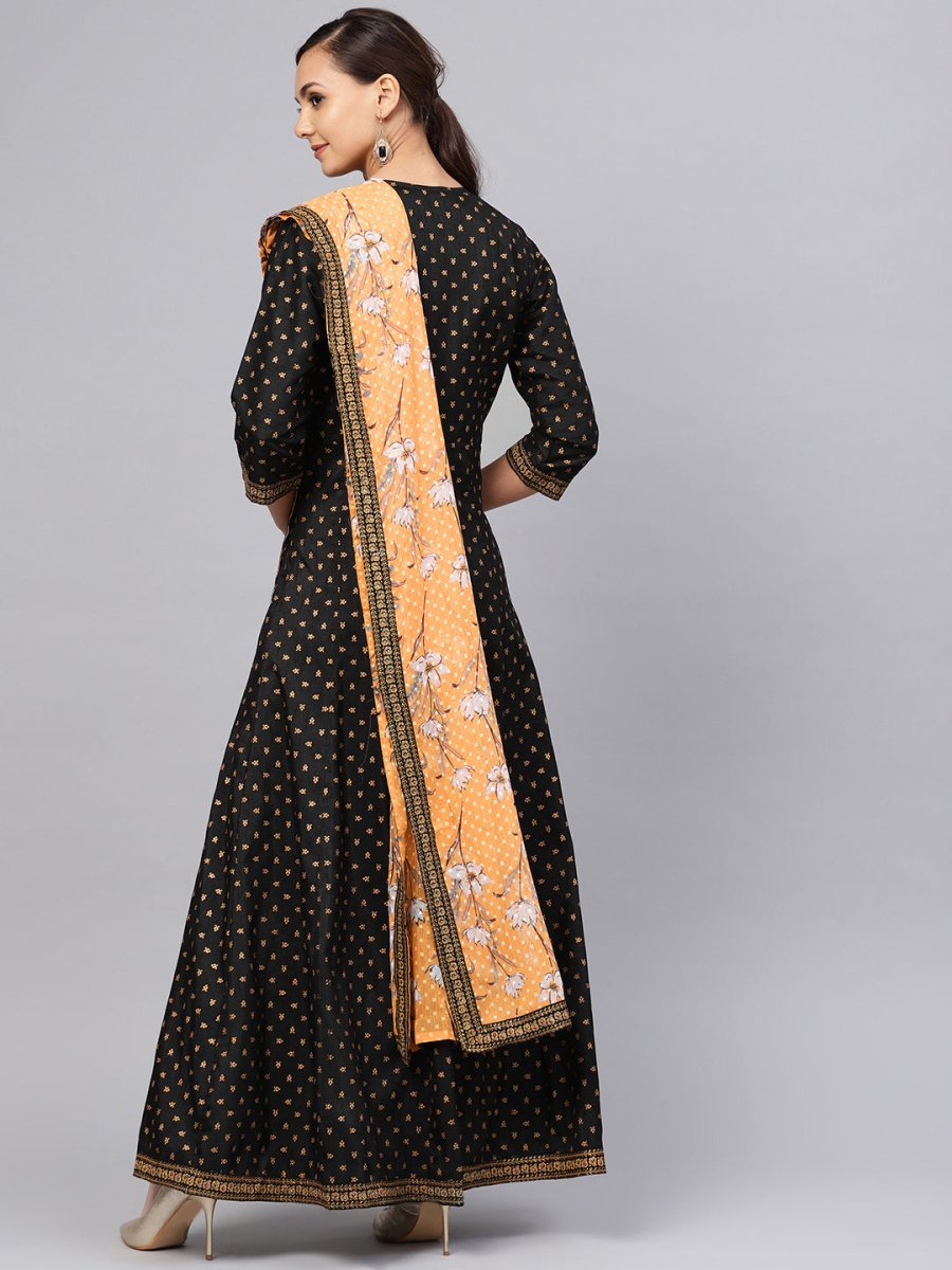 Ahalyaa Black and Gold Printed Anarkali Kurta Set For Women
