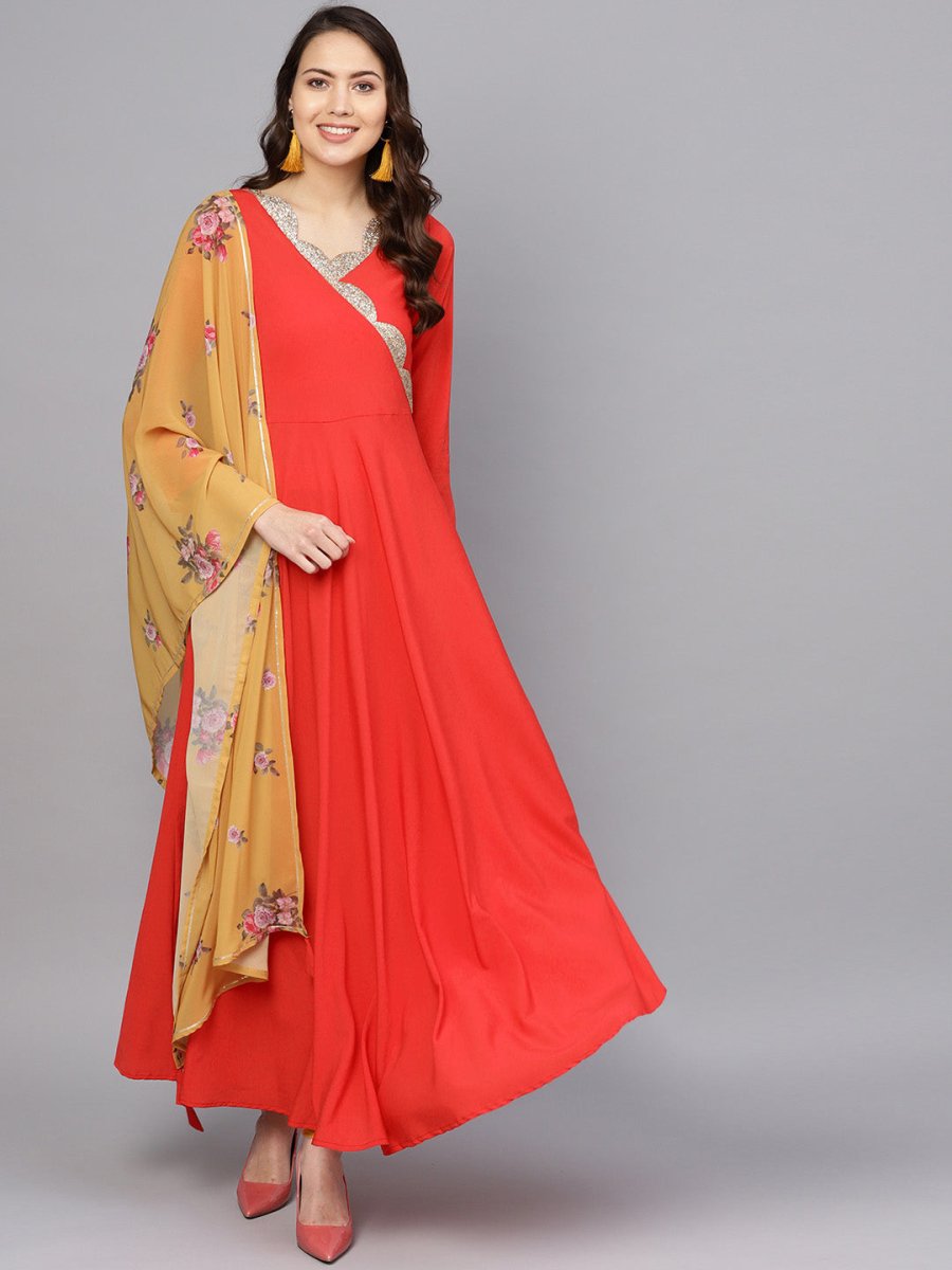 Ahalyaa Women Red Mustard Yellow Solid Angrakha A-Line Dress with Dupatta - Distacart