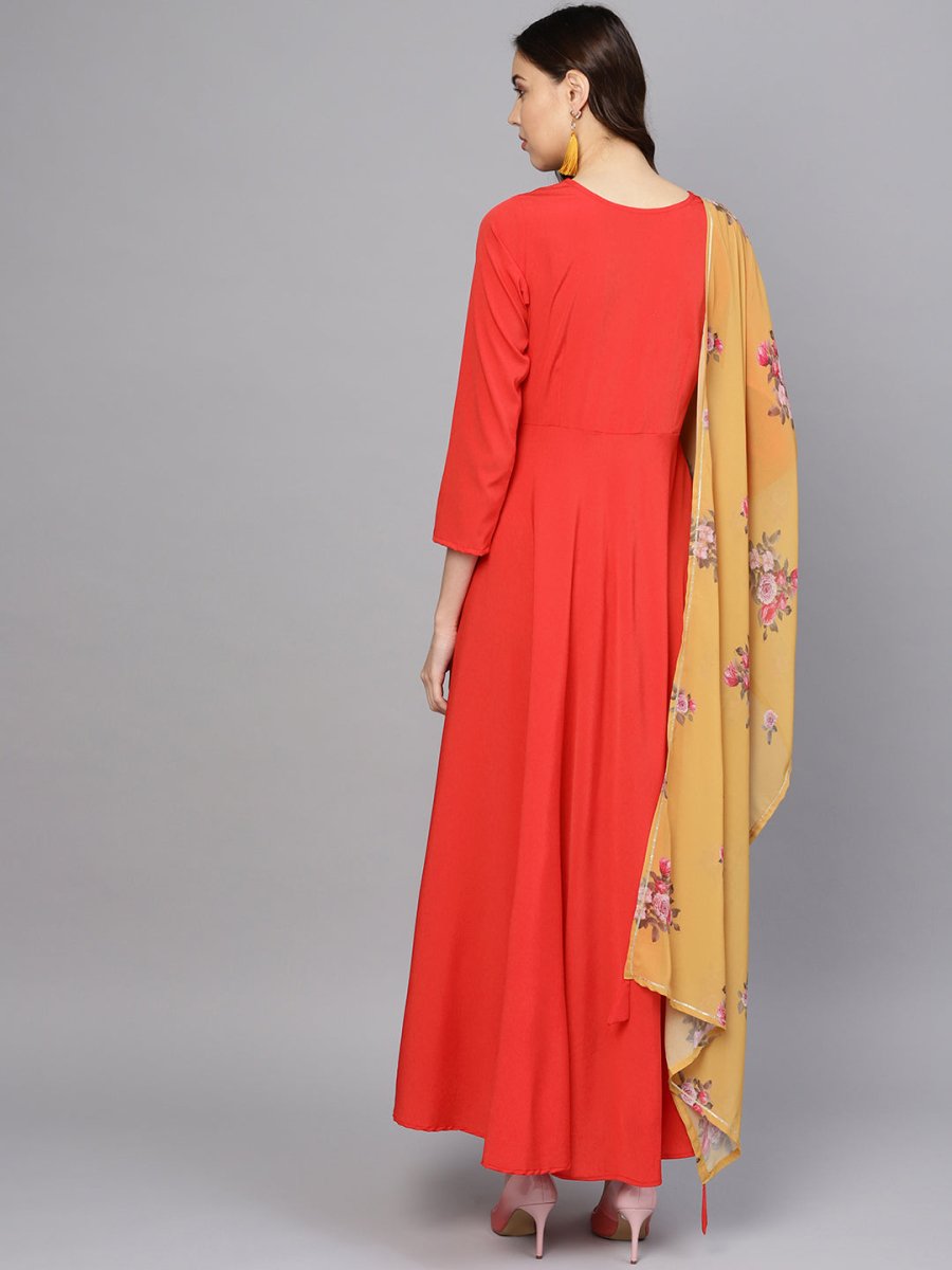 Ahalyaa Women Red Mustard Yellow Solid Angrakha A-Line Dress with Dupatta - Distacart