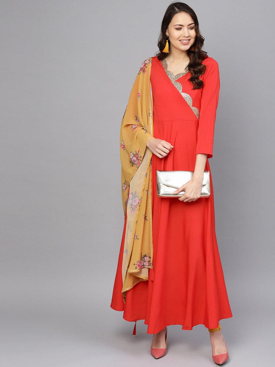Ahalyaa Women Red Mustard Yellow Solid Angrakha A-Line Dress with Dupatta - Distacart