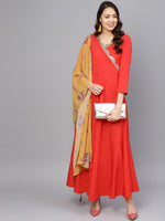 Thumbnail for Ahalyaa Women Red Mustard Yellow Solid Angrakha A-Line Dress with Dupatta - Distacart