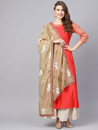 Ahalyaa Women Coral Red Solid A-Line Kurta With Dupatta