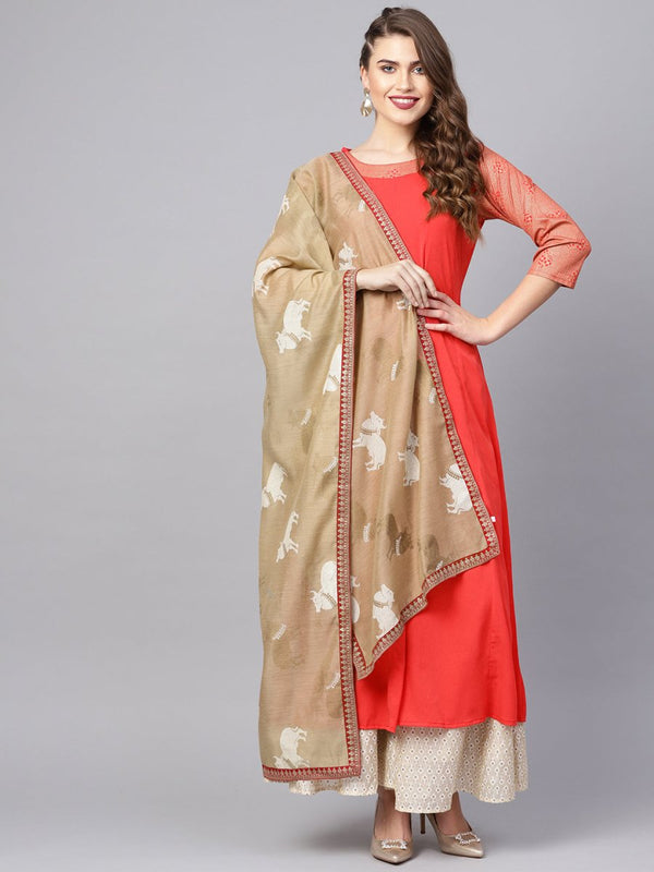 Ahalyaa Women Coral Red Solid A-Line Kurta With Dupatta