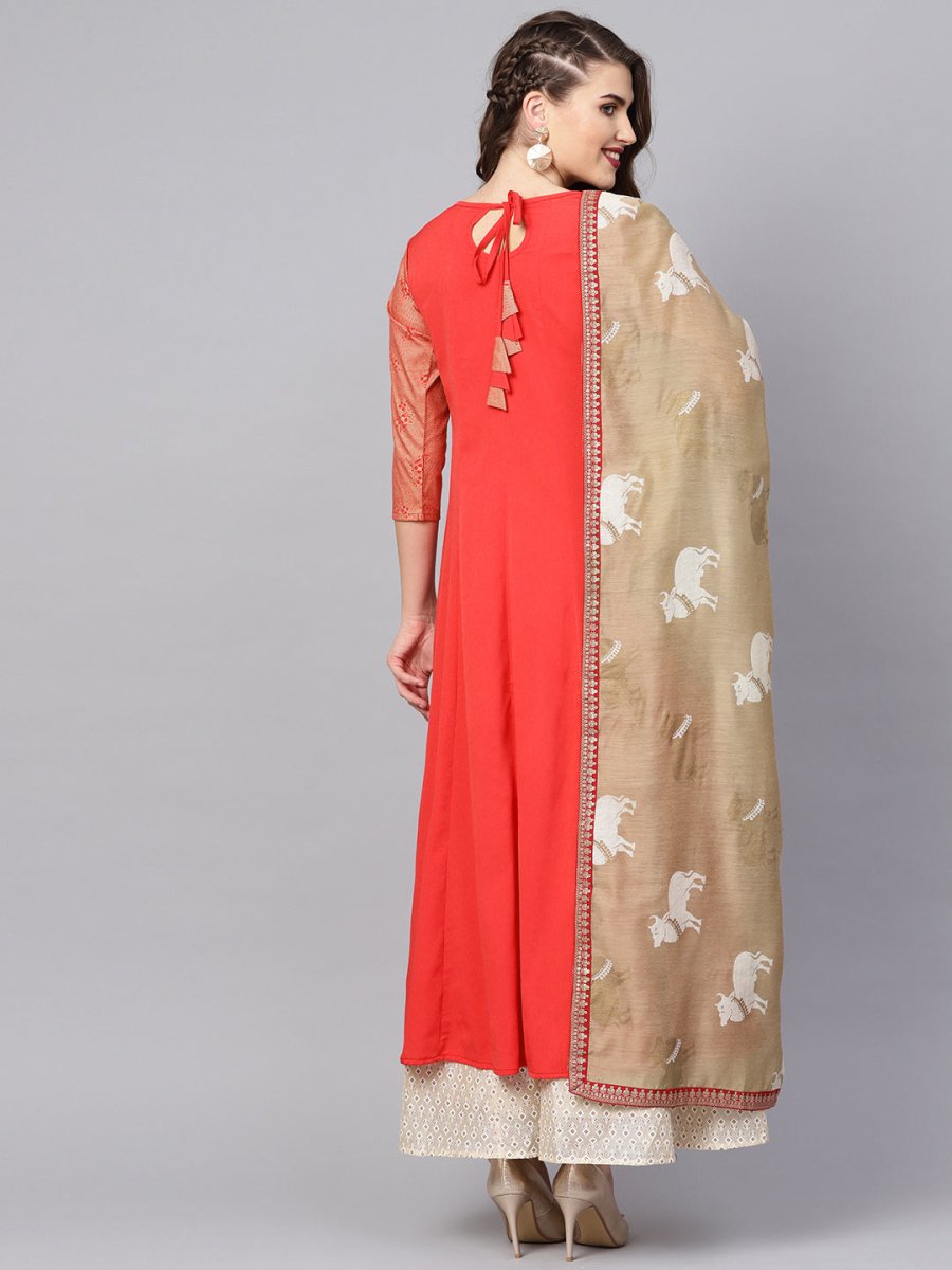 Ahalyaa Women Coral Red Solid A-Line Kurta With Dupatta