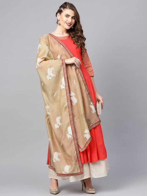 Ahalyaa Women Coral Red Solid A-Line Kurta With Dupatta