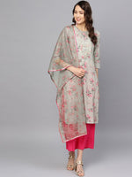 Thumbnail for Ahalyaa Women Grey & Pink Printed Straight Kurta with Dupatta