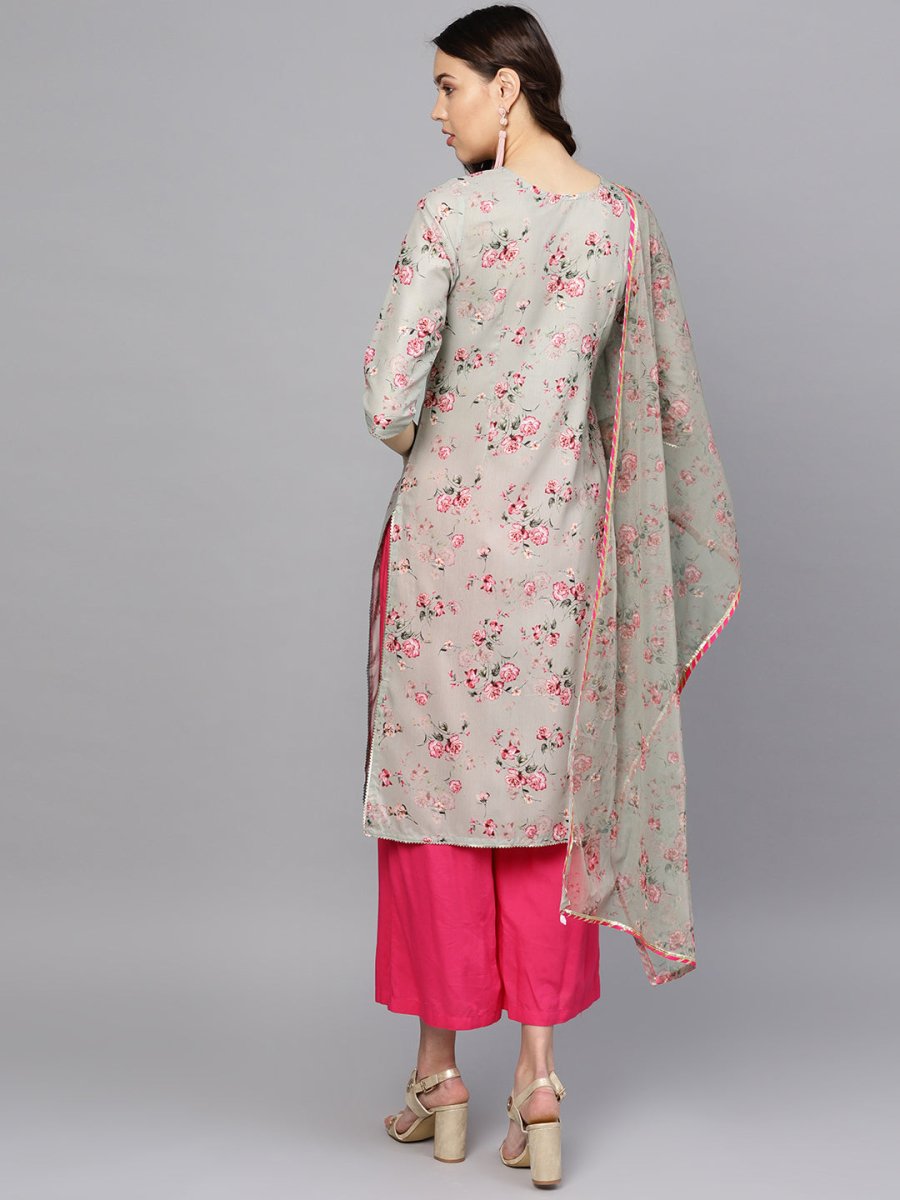 Ahalyaa Women Grey & Pink Printed Straight Kurta with Dupatta