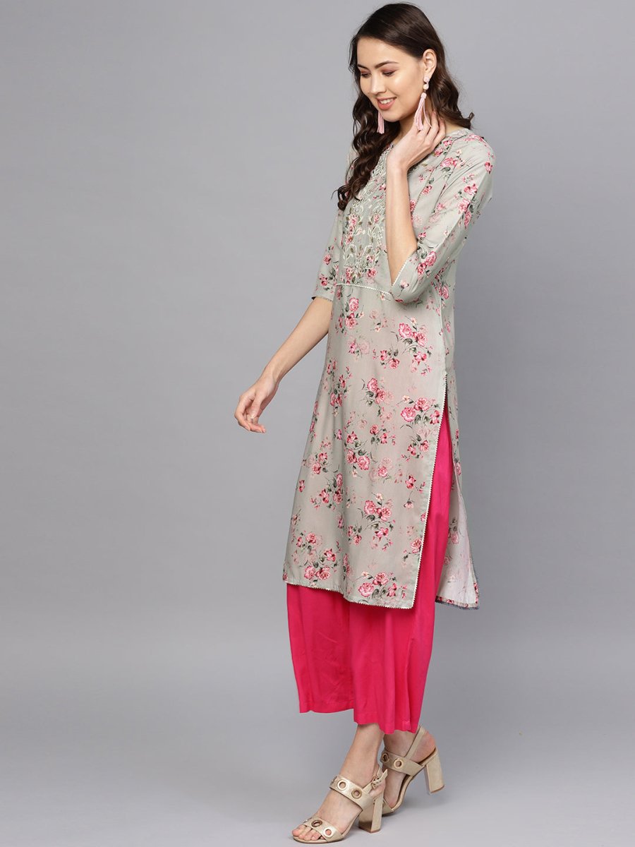 Ahalyaa Women Grey & Pink Printed Straight Kurta with Dupatta