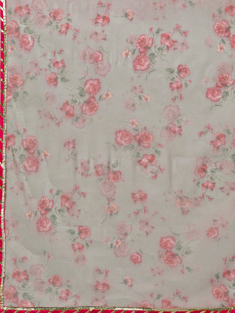 Ahalyaa Women Grey & Pink Printed Straight Kurta with Dupatta