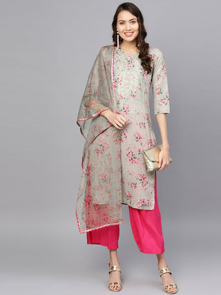 Ahalyaa Women Grey & Pink Printed Straight Kurta with Dupatta