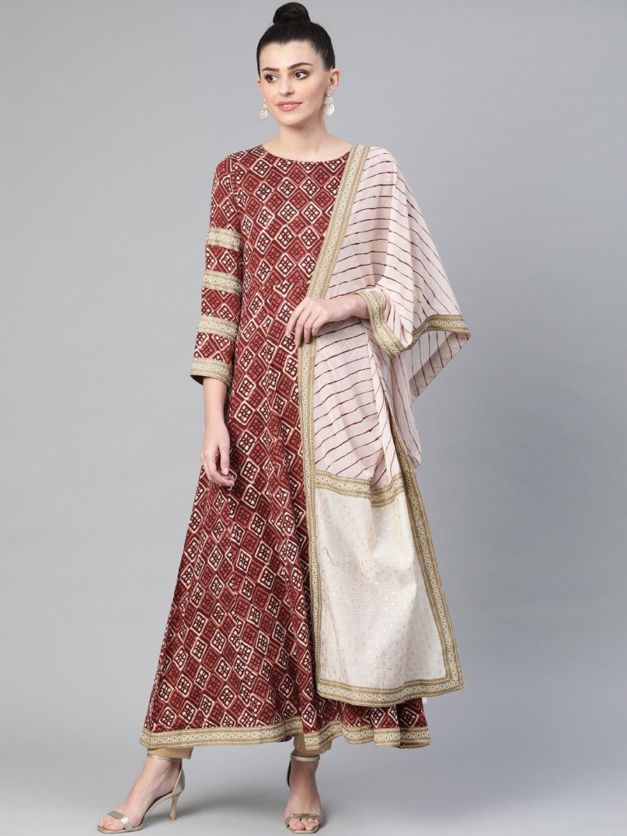 Ahalyaa Women Maroon & Off-White Printed Anarkali Kurta with Dupatta