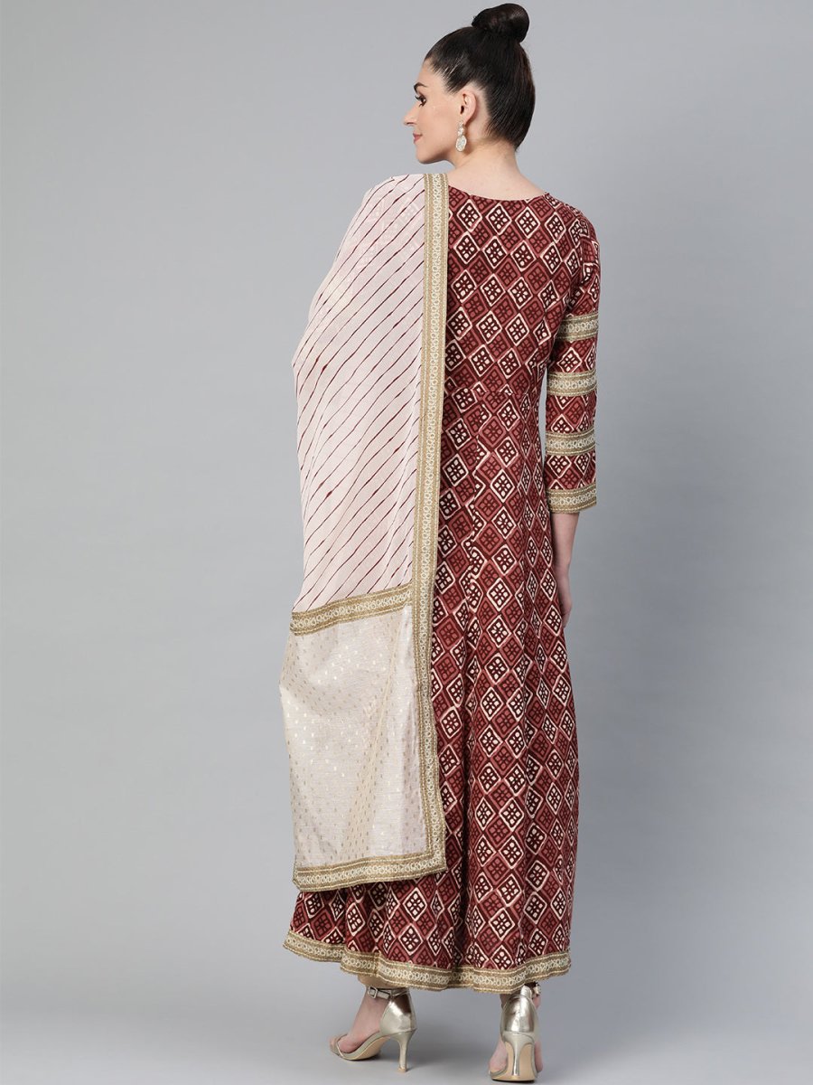 Ahalyaa Women Maroon & Off-White Printed Anarkali Kurta with Dupatta