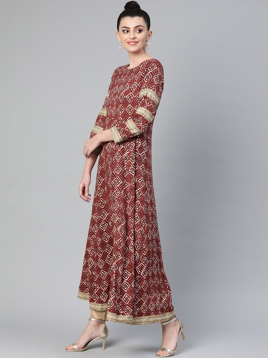 Ahalyaa Women Maroon & Off-White Printed Anarkali Kurta with Dupatta