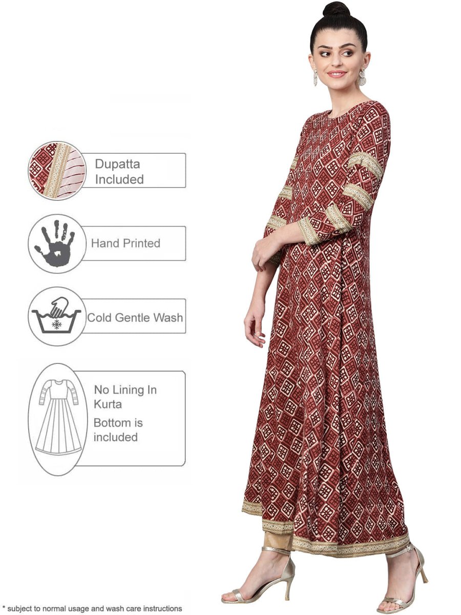 Ahalyaa Women Maroon & Off-White Printed Anarkali Kurta with Dupatta
