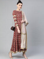 Thumbnail for Ahalyaa Women Maroon & Off-White Printed Anarkali Kurta with Dupatta