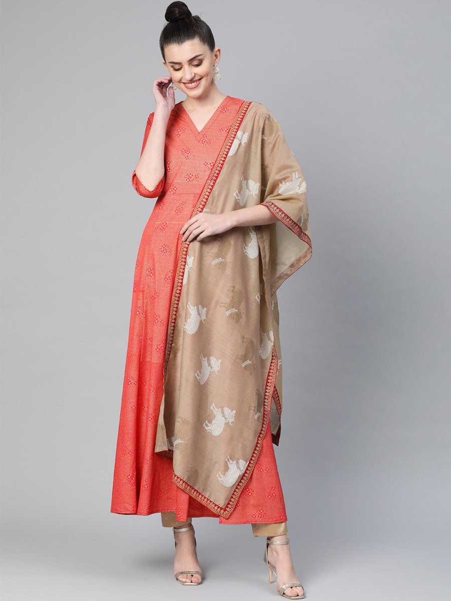 Ahalyaa Women Red & Golden Printed A-Line Kurta with Dupatta