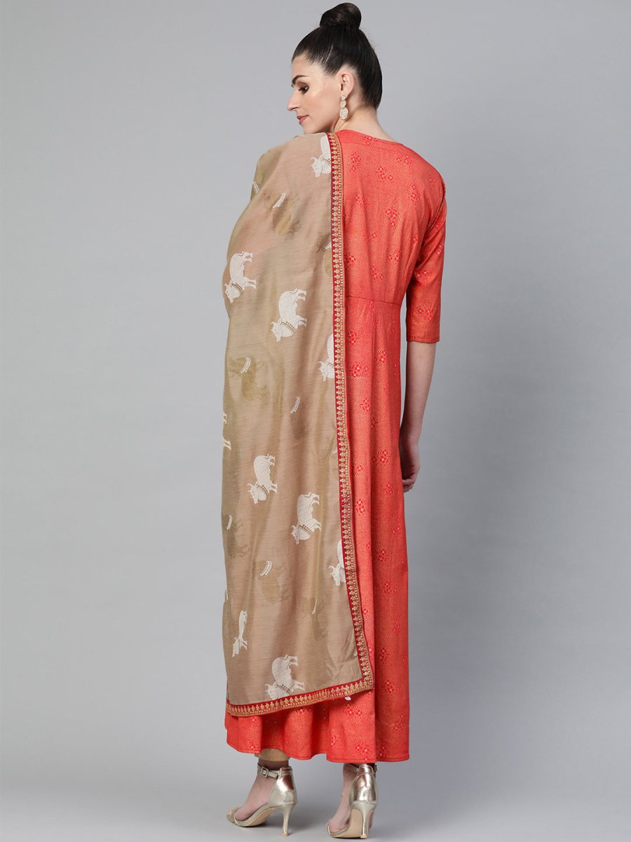 Ahalyaa Women Red & Golden Printed A-Line Kurta with Dupatta
