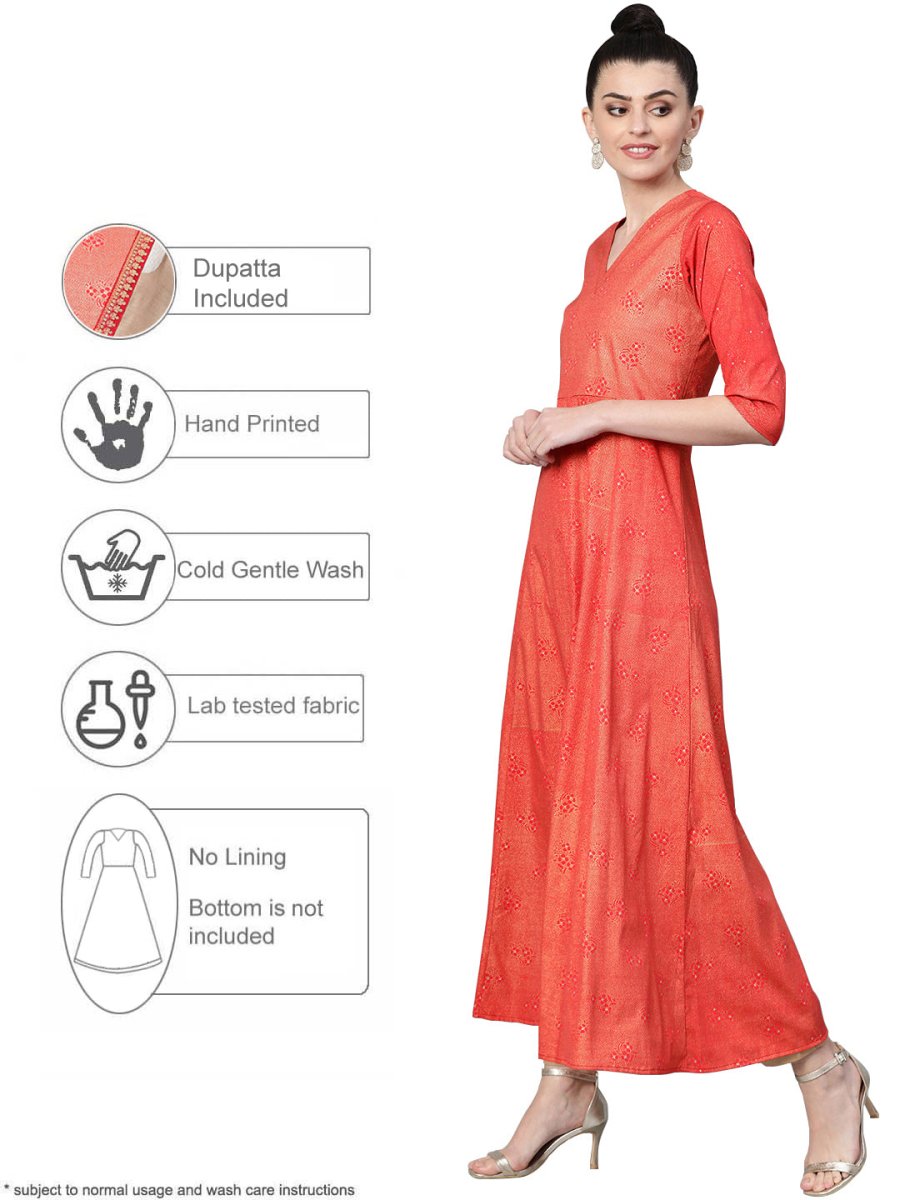 Ahalyaa Women Red & Golden Printed A-Line Kurta with Dupatta