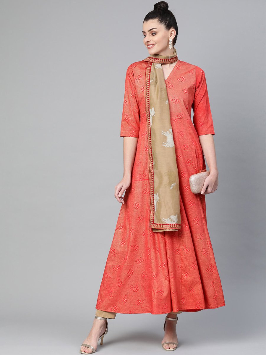 Ahalyaa Women Red & Golden Printed A-Line Kurta with Dupatta