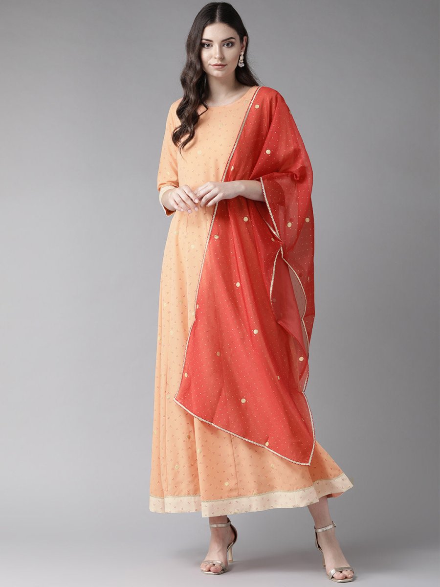 Ahalyaa Women Peach-Coloured & Rust Orange Printed Maxi Dress With Dupatta