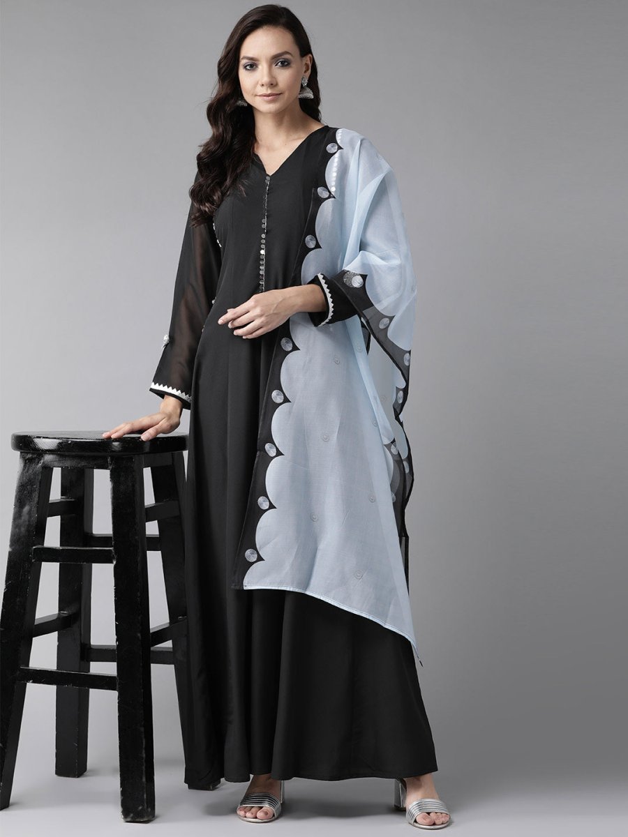 Ahalyaa Women Black Solid Maxi Dress With Dupatta