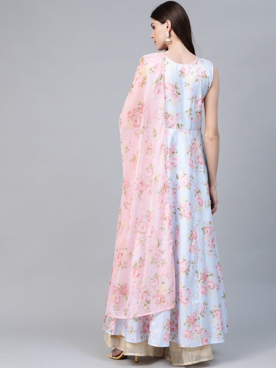 Ahalyaa Women Blue & Pink Floral Printed Anarkali Kurta with Dupatta