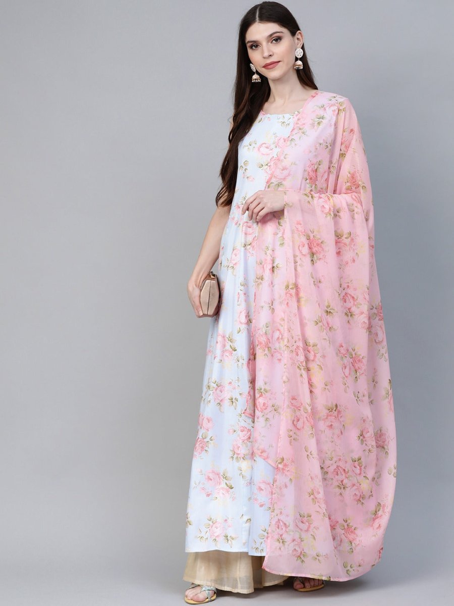 Ahalyaa Women Blue & Pink Floral Printed Anarkali Kurta with Dupatta