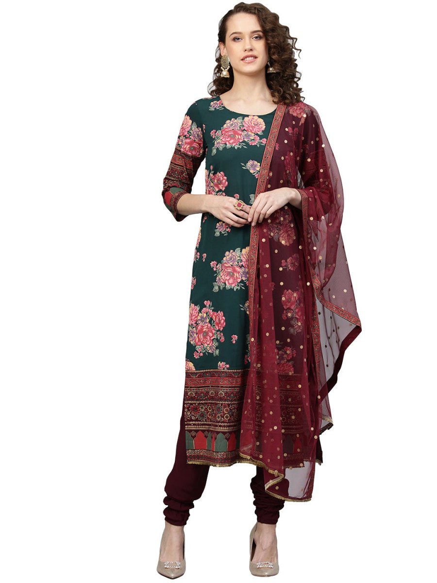 Ahalyaa Women Green & Burgundy Printed Kurta with Churidar & Dupatta
