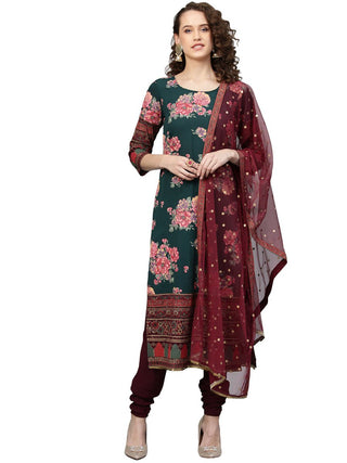 Ahalyaa Women Green & Burgundy Printed Kurta with Churidar & Dupatta