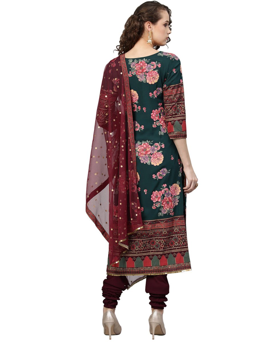 Ahalyaa Women Green & Burgundy Printed Kurta with Churidar & Dupatta