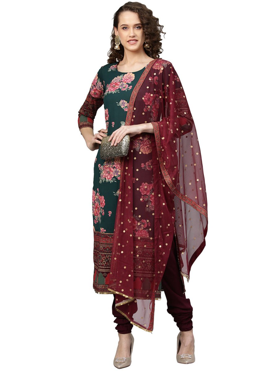 Ahalyaa Women Green & Burgundy Printed Kurta with Churidar & Dupatta