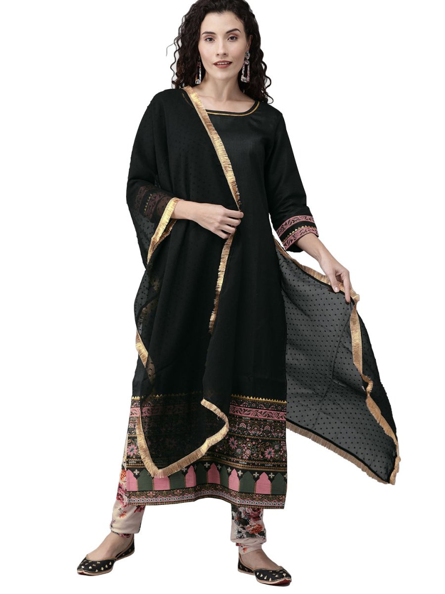 Ahalyaa Women Black & Beige Printed Kurta With Churidar & Dupatta