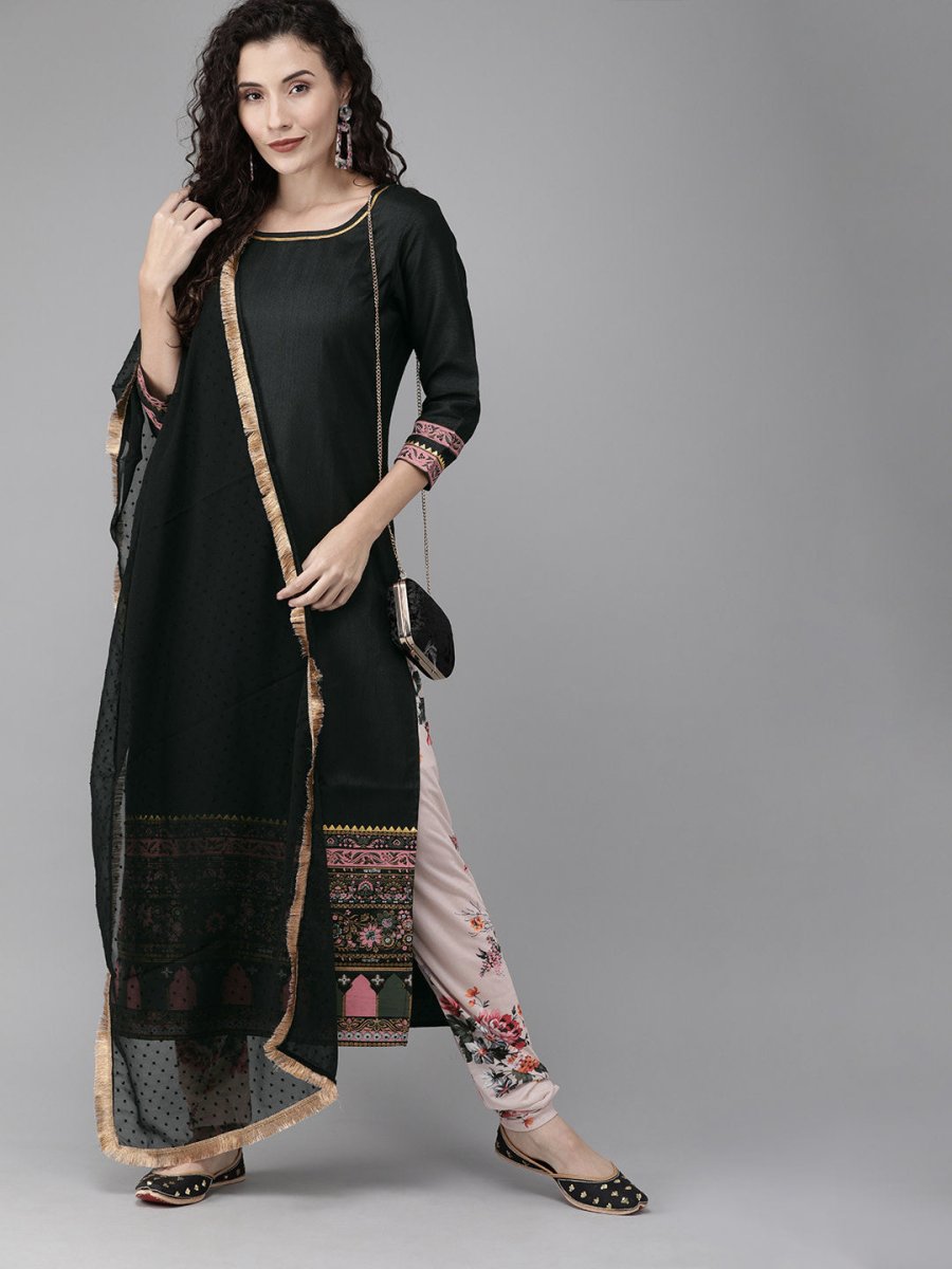 Ahalyaa Women Black & Beige Printed Kurta With Churidar & Dupatta