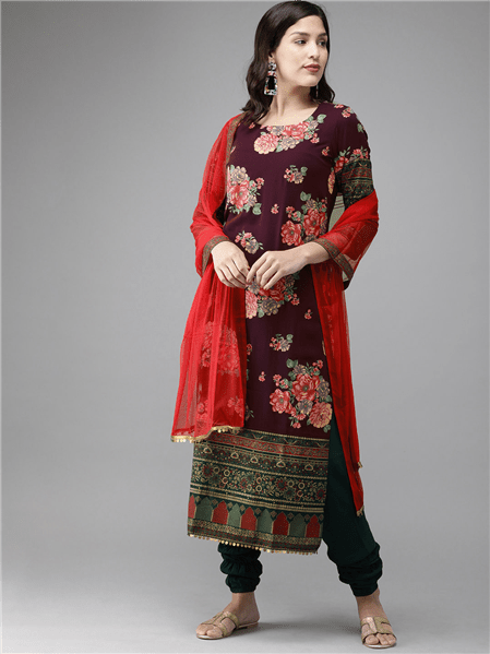 Ahalyaa Women Burgundy & Green Printed Kurta Set