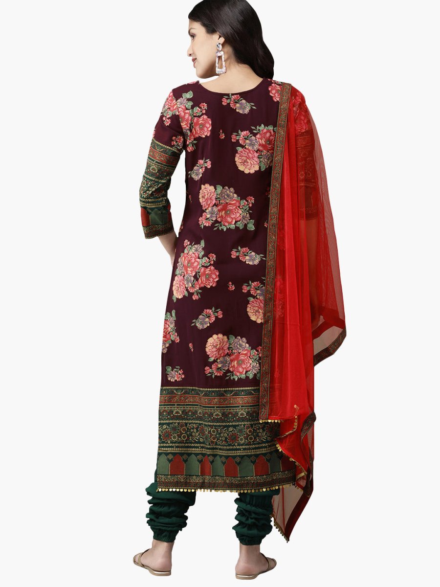 Ahalyaa Women Burgundy & Green Printed Kurta Set