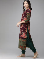 Thumbnail for Ahalyaa Women Burgundy & Green Printed Kurta Set