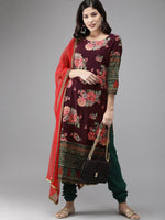 Thumbnail for Ahalyaa Women Burgundy & Green Printed Kurta Set