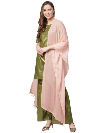 Ahalyaa Shimmer Green Cotton Kurta Gharara With Peach Dupatta